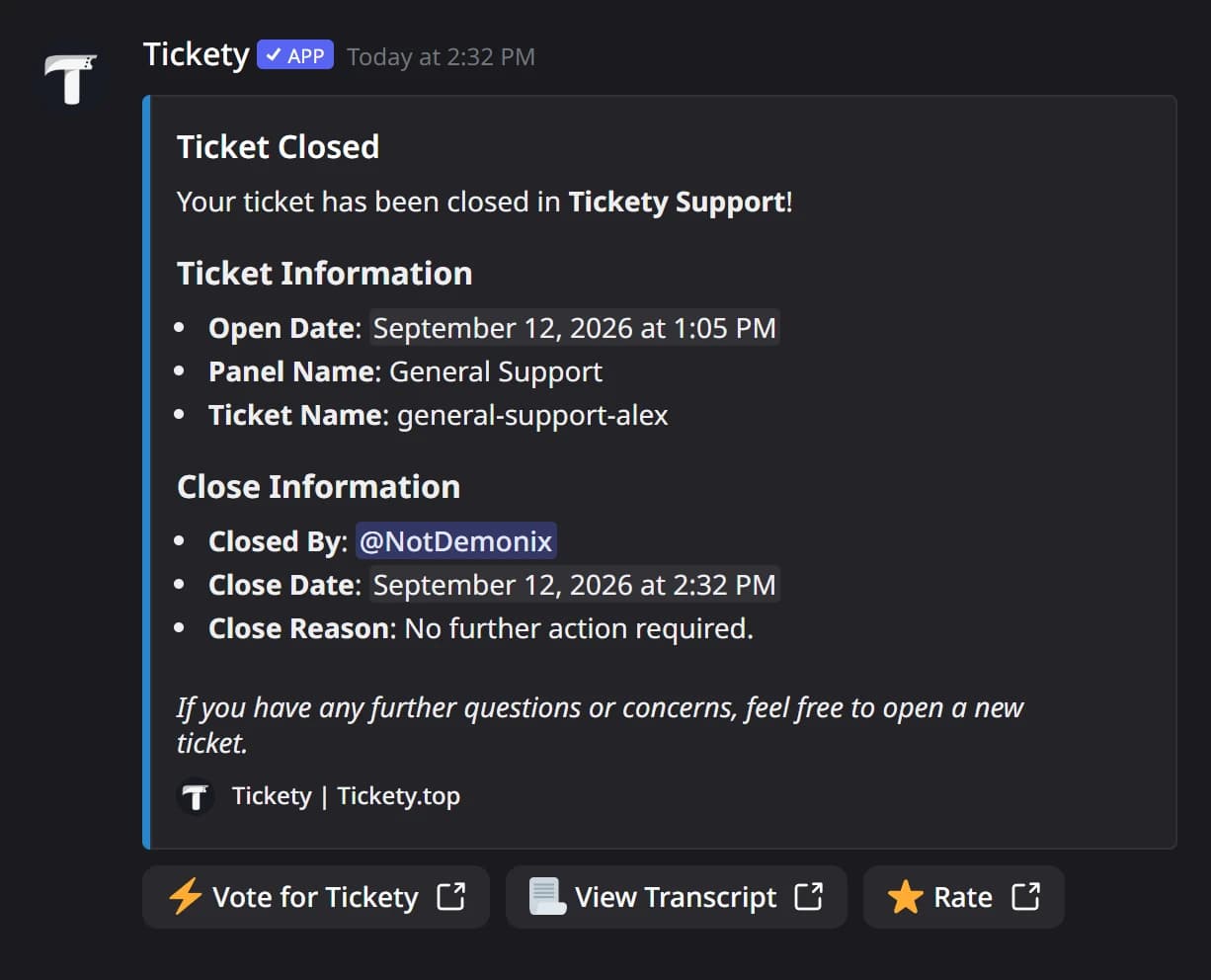 The Ticket Closed DM in Discord